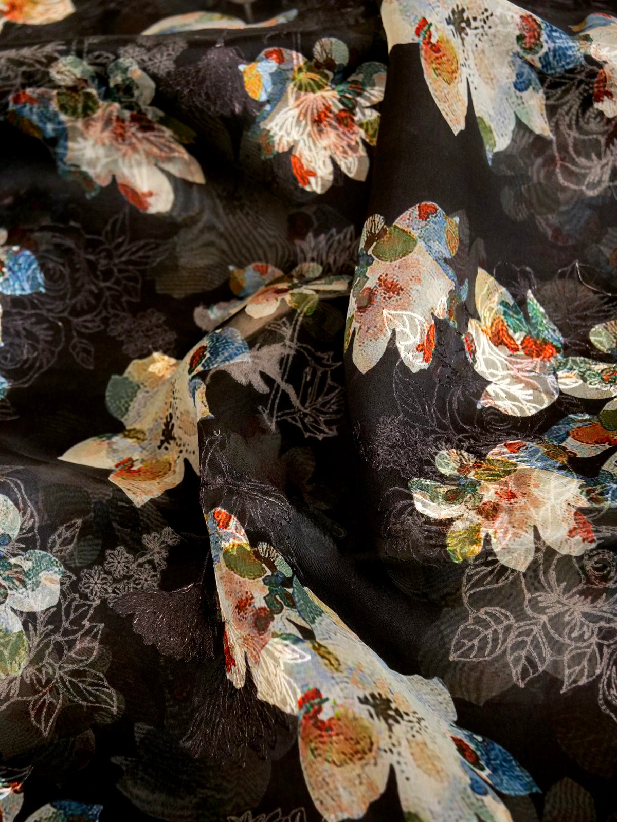 Organza Fabric with Digital Print & Embroidery